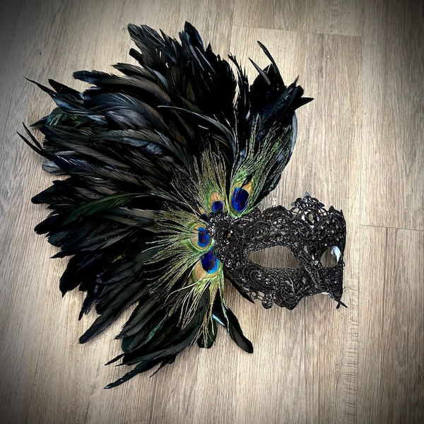 Black Feather mask,  Lace Masquerade Mask with side feather, Rhinestone Feather Mask, Masquerade Mask for Hallowee, Party, Mardi Gras