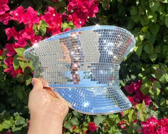 Silver Disco Ball Captain Style Hat, Rave mirror Sequin Hat,  Military Festival Glitter disco mirror Hat, For Rave, Party, Festivals