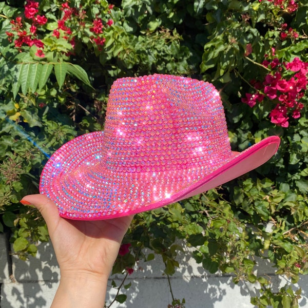 Chapeau de cowboy rose entièrement strass, chapeau de cowboy losanges