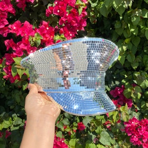 Silver Disco Ball Captain Style Hat, Rave mirror Sequin Hat,  Military Festival Glitter disco mirror Hat, For Rave, Party, Festivals