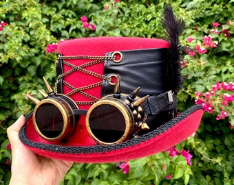 Chapeau haut de forme Steampunk rouge avec des lunettes, chapeau haut de forme Halloween Cosplay avec des plumes, chapeau de lunettes Steampunk avec des plumes
