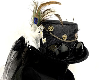 Black Steampunk Top hat With Goggles, Victorian Black Feather Hat with Veil, Halloween Cosplay Hat with Feathers