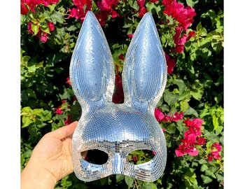 Silver Disco Ball Mirror Bunny mask, Animal face mask with mirror pieces, Glitter Bling Bling Bunny Mask For Rave, Party, Festivals.