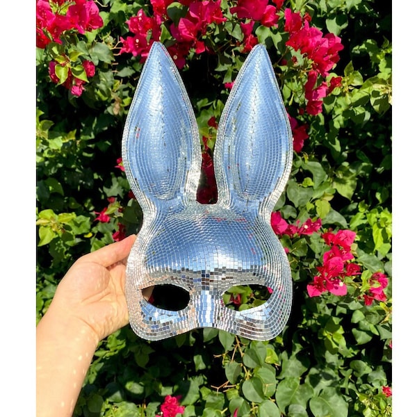 Silver Disco Ball Mirror Bunny mask, Animal face mask with mirror pieces, Glitter Bling Bling Bunny Mask For Rave, Party, Festivals.