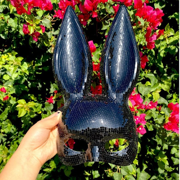 Black Disco Ball Mirror Bunny mask, Animal face mask with mirror pieces, Glitter Bling Bling Bunny Mask For Rave, Party, Festivals.