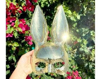 Gold Disco Ball Mirror Bunny mask, Animal face mask with mirror pieces, Glitter Bling Bling Bunny Mask For Rave, Party, Festivals.