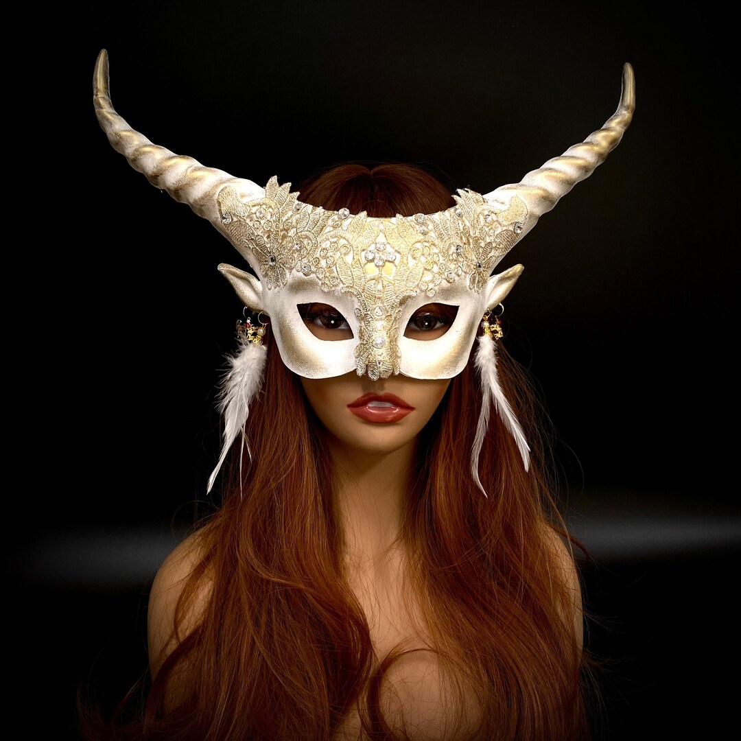 White Masquerade Mask With Horns, Fairy Ram Horns Mask, Antlers Cosplay