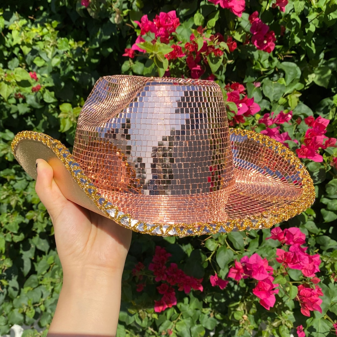 Rose Gold Disco Ball Cowboy Hat, Disco Mirror Cowboy Hat, Sparkly