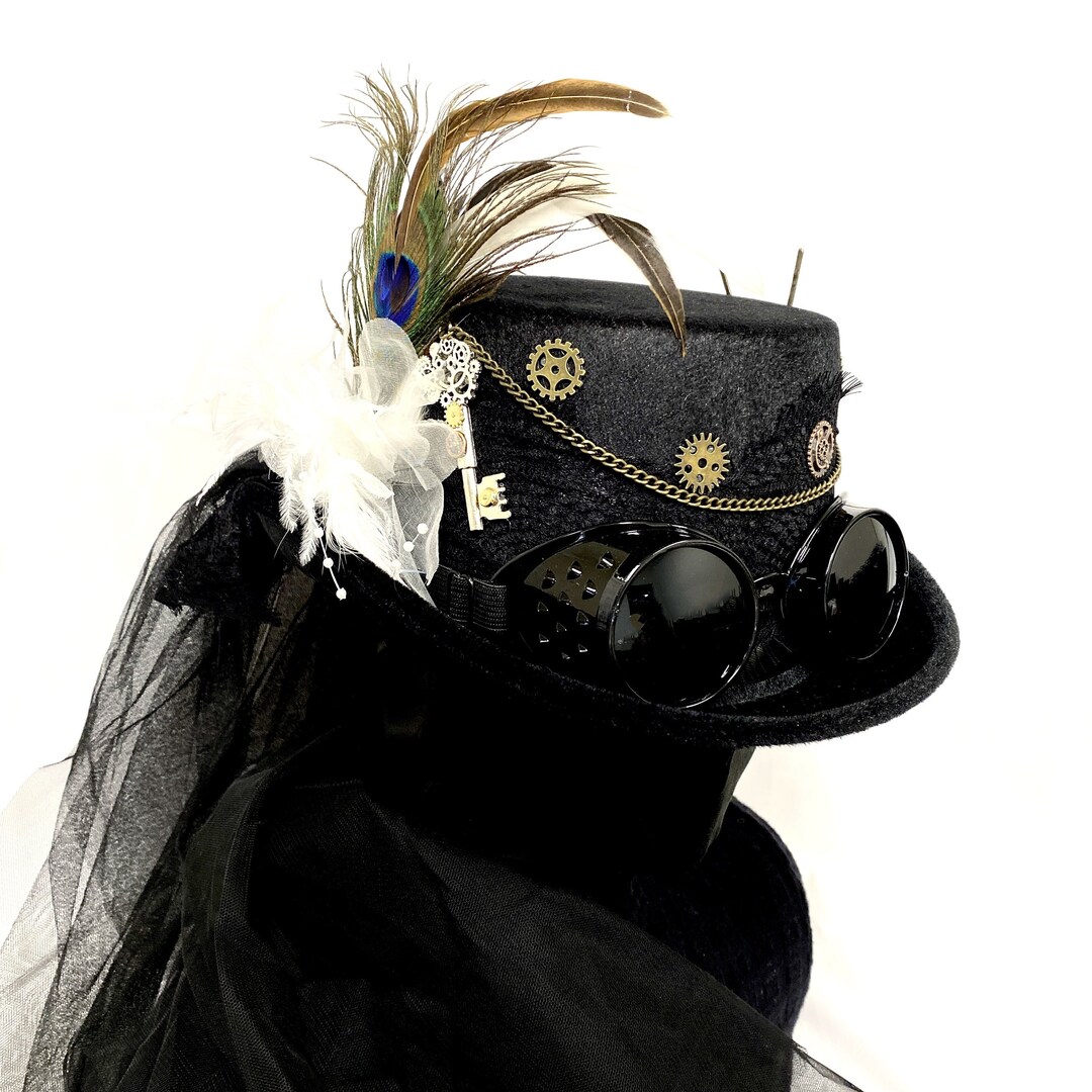 Black Steampunk Top Hat With Goggles, Victorian Black Feather Hat With