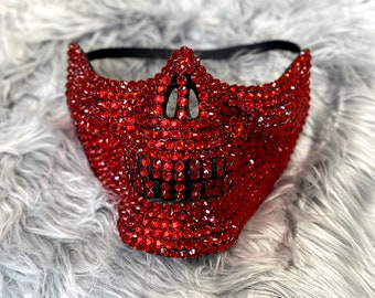 Red Rhinestone Skull Half Face Mask, Steampunk Masquerade Rhinestone Mask For Halloween, Costume, Party ,Music Festival Concert