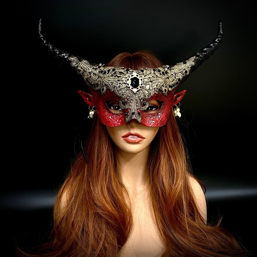 Red Masquerade Mask With Horns, Fairy Ram Horns Mask, Antlers Cosplay Mask Headband, Halloween