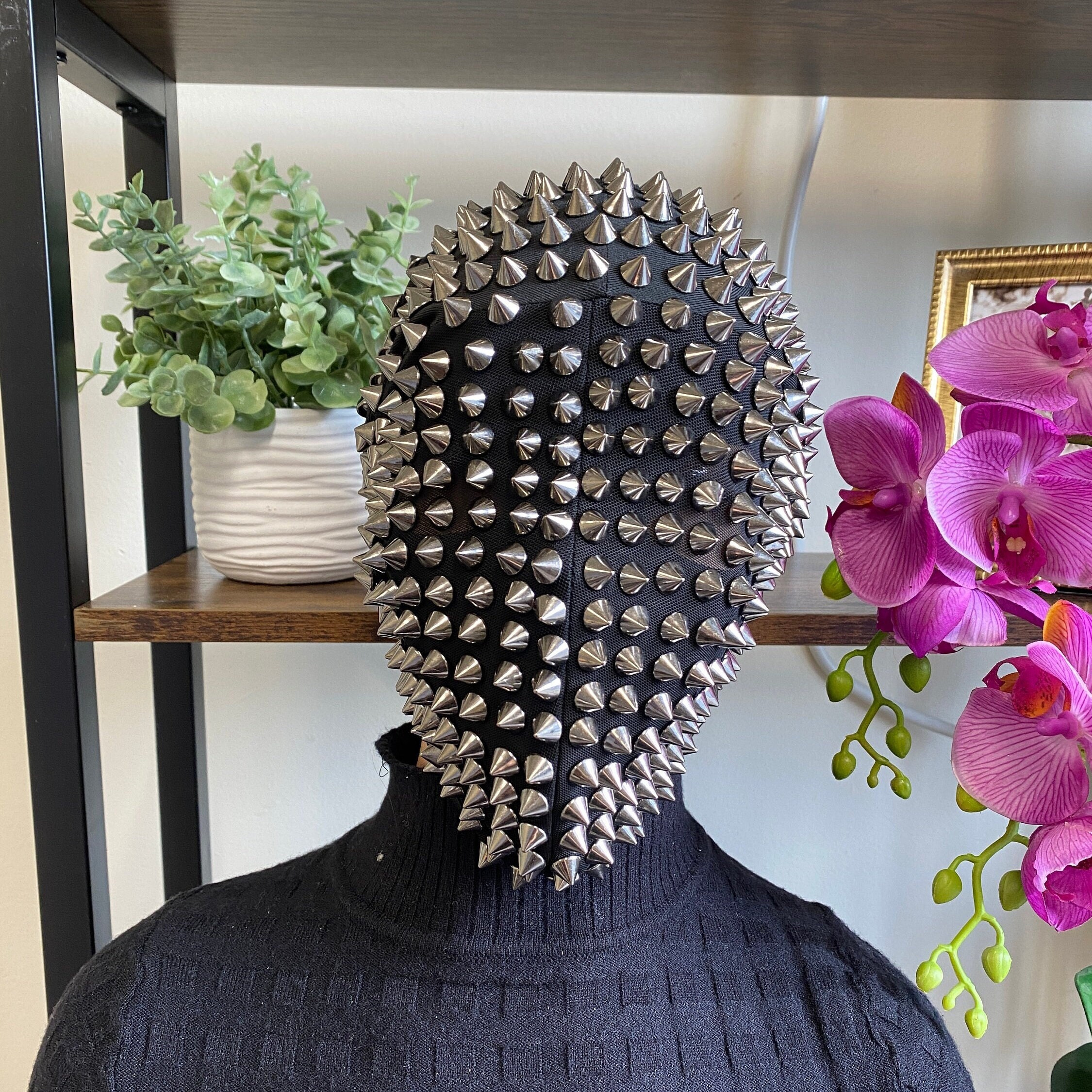 Full Face Studded Spike Mask Full Coverage Handcrafted Silver Etsy