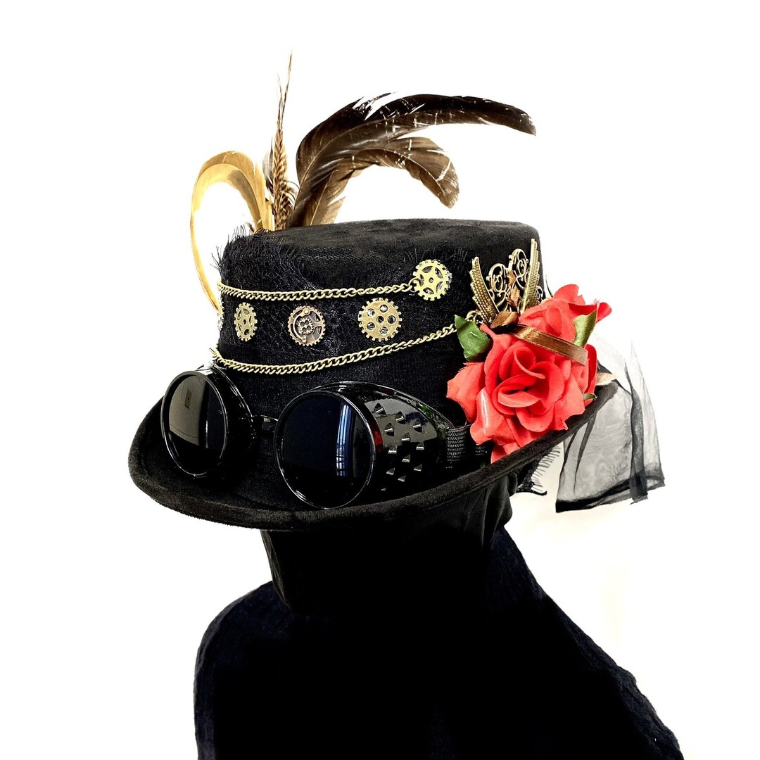 Black Steampunk Top Hat With Goggles, Victorian Black Feather Hat With