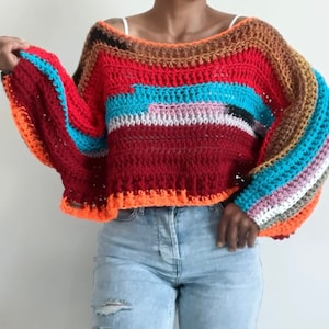 Multicolor Crochet Knit Cropped Sweater . Handmade Sweater . Chunky Crochet Knit Crop Sweater