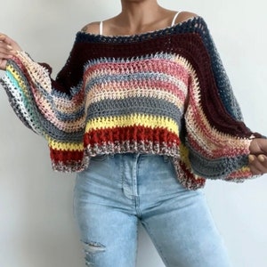 Multicolor Crochet Knit Cropped Sweater . Handmade Sweater . Chunky Crochet Knit Crop Sweater