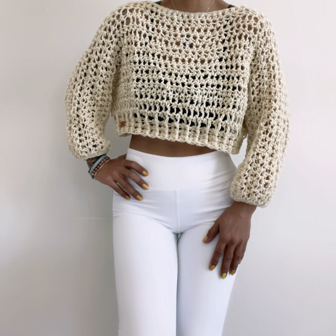 Handmade Crochet Crop Sweater: Vanilla Fishnet Knit, Yoga Cover-up