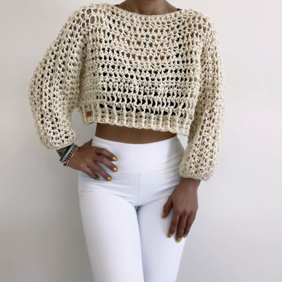 Handmade Crochet Crop Sweater: Vanilla Fishnet Knit, Yoga Cover-up
