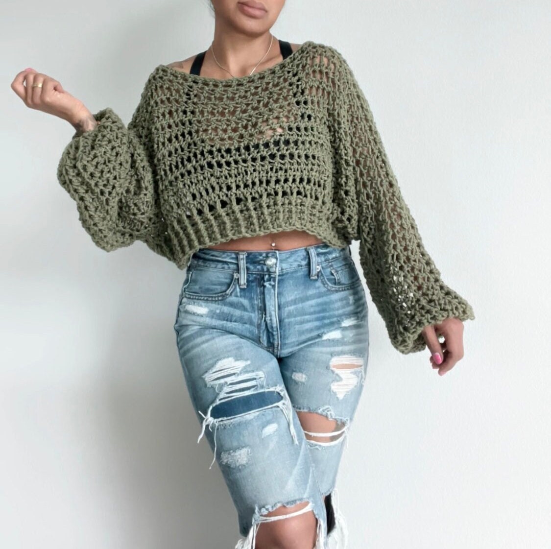 RUS Hagu - Textured crop top sweater Mako cotton Light green