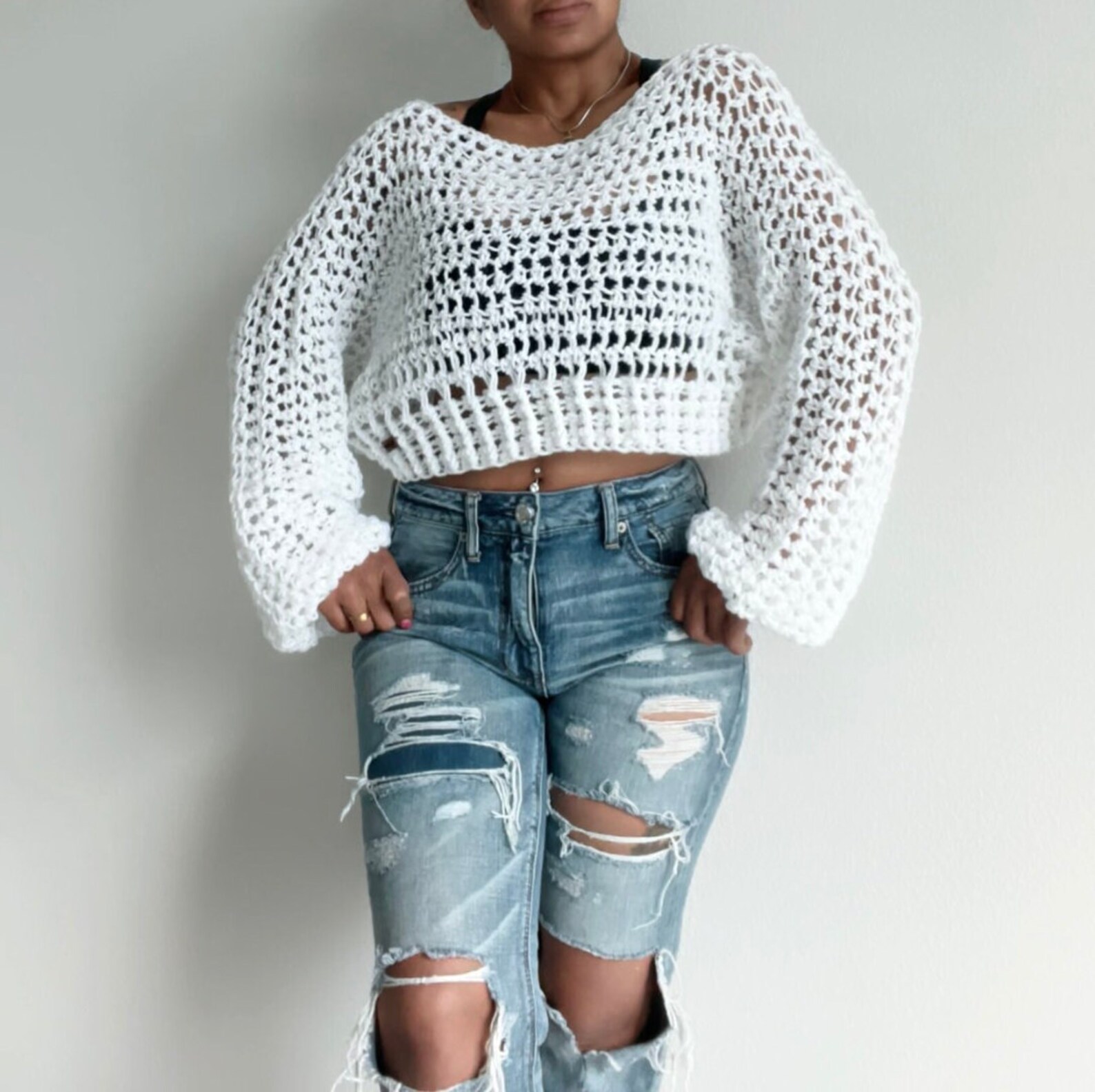 Open Wide Crochet Knit Crop Sweater