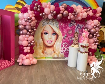 Juego de decoración de cumpleaños de Barbie con kit de arco de guirnalda de globos de color rosa brillante y pancarta de fondo con purpurina