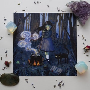 Little Witch Potion Illustration Print Halloween Cute Art Witchy Recycled Sustainable Square 148mm Whimsigoth Desk Aesthetic Fairytale