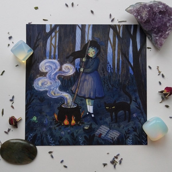 Little Witch Potion Illustration Print Halloween Cute Art Witchy Recycled Sustainable Square 148mm