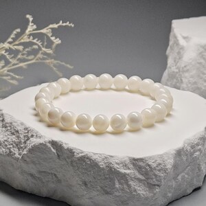 Handmade Bleached Mother of Pearl Beaded Bracelet, 7mm Natural Shell Stretch Jewelry