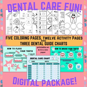 Hojas de trabajo para colorear de educación dental para niños y tabla de tareas de rutina de cepillado, aprendizaje de recompensa por cepillado de dientes, actividades preescolares para niños