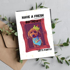 Carte de voeux joyeux anniversaire Prince Goldendoodle frais, cadeau scintillant rouge et or pour les amoureux des chiens, la famille des amis, la couronne du 21e anniversaire