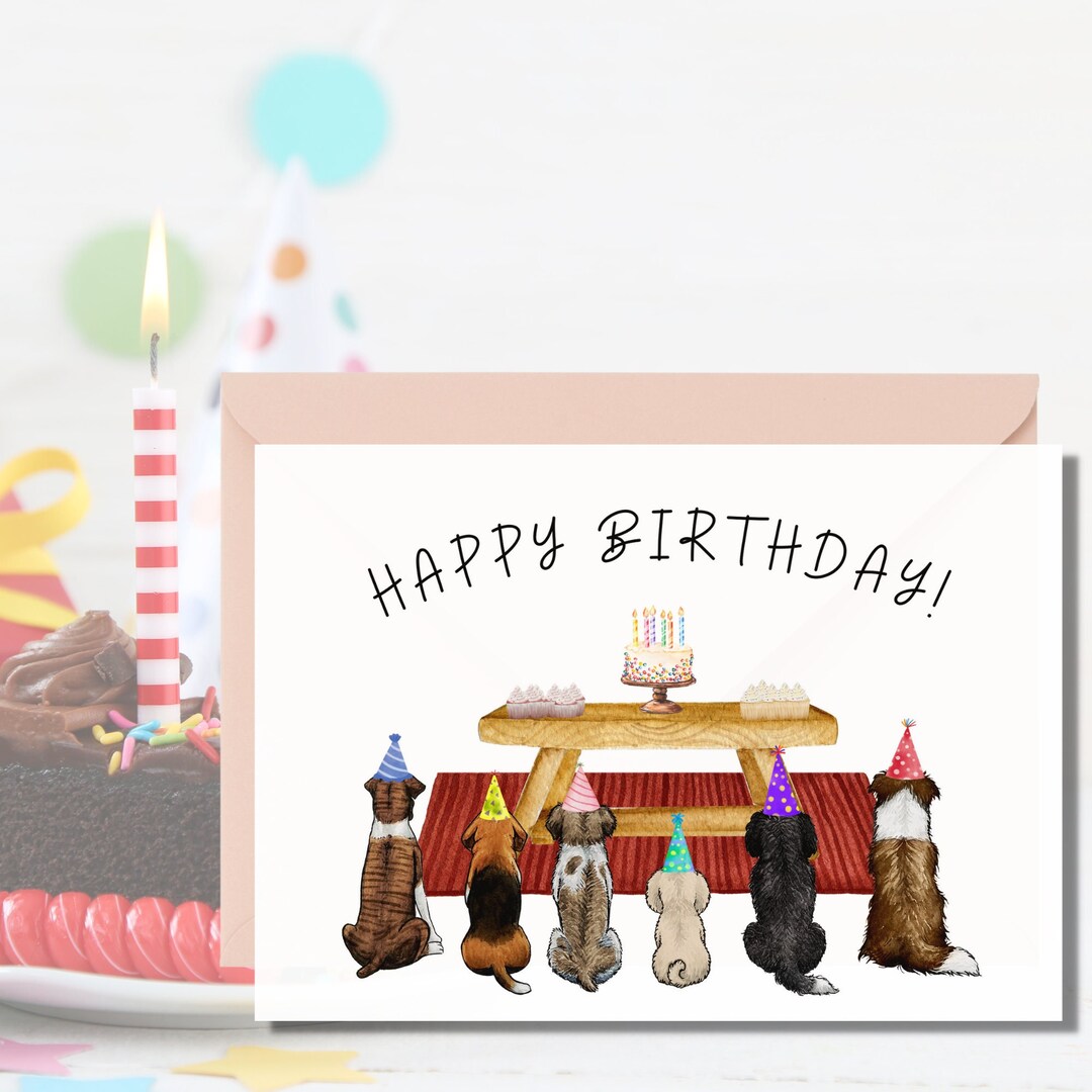 Happy Birthday Card, Group of Dogs, Party Hats and Cake, Greeting Card for Birthday, Blank Note