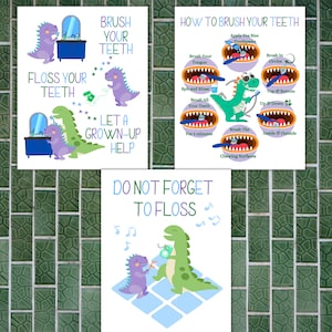 Kids Dinosaur Dental Hygiene 3 Digital Print Bundle for Home or Dental Office Decor, How to Brush your teeth, flossing, Hygiene Instructions