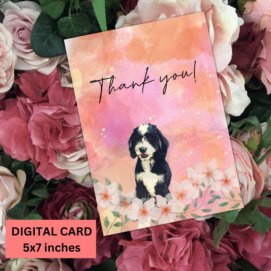 Thank You Greeting Card, Bernedoodle Floral Watercolor Blank Note Card