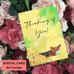 Tarjeta de simpatía Corgi, color de agua floral con temática de perro, tarjeta de felicitación pensando en ti, pensamientos felices, tarjeta de simpatía, acuarela floral Corgi
