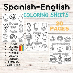 Bilingual Spanish English Coloring Pages Kids, Preschool, Kindergarten, Homeschool, Color, Vocabulary, Learning, Worksheets, Practice