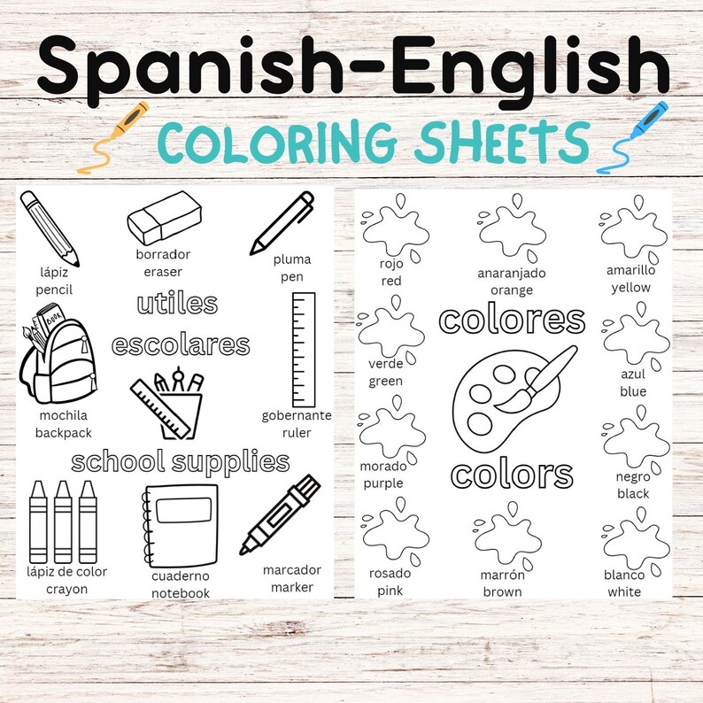 Bilingual Spanish English Coloring Pages Kids, Preschool, Kindergarten