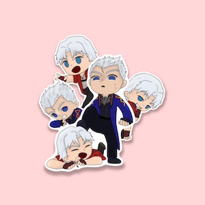 May include: A sticker sheet featuring five chibi-style illustrations of a character with white hair and blue eyes. The character is depicted in various poses, wearing red, blue, and black outfits. The background is a solid light pink.