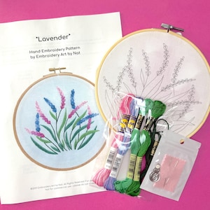 Lavender Hand Embroidery Kit for Beginners + Printed Pattern Instructions & Video Tutorials