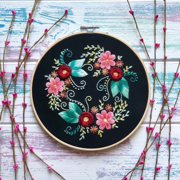 Red Roses on Black Fabric Hand Embroidery Pattern | Digital Download PDF + Detailed Tutorials for Beginners | Flower Wreath Needlepoint