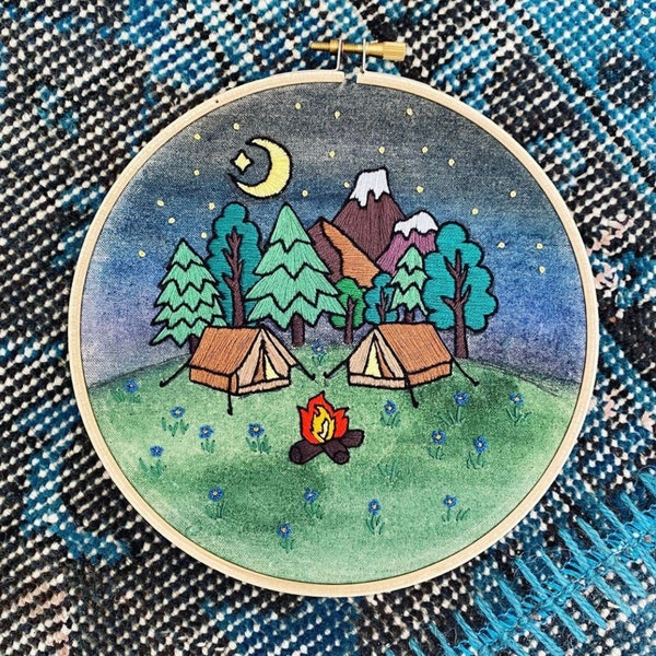 Night Camping Tents Hand Embroidery Pattern | Digital Download PDF | Mountain Landscape Vacation Memories Happy Camper Life in Campsite