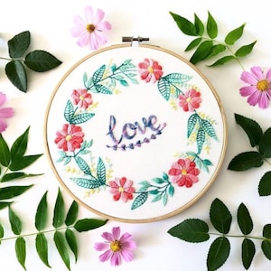 Love Flower Wreath Hand Embroidery Pattern | Digital Download PDF + Detailed Tutorials for Beginners | Spring Floral Wreath