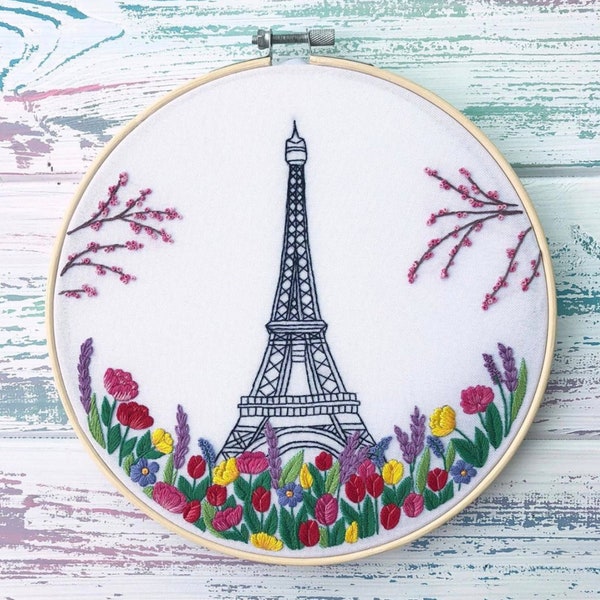 Paris Eiffel Tower Hand Embroidery Pattern | Digital Download PDF + Detailed Tutorials for Beginners | Spring Landscape French Architecture