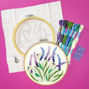 Lavender and White Daisy Hand Embroidery KIT + Detailed Instructions for Beginners | 7 inches