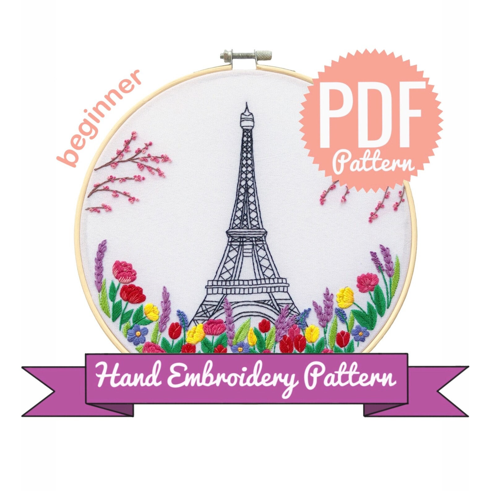 Paris Eiffel Tower Hand Embroidery Pattern Digital Download PDF ...