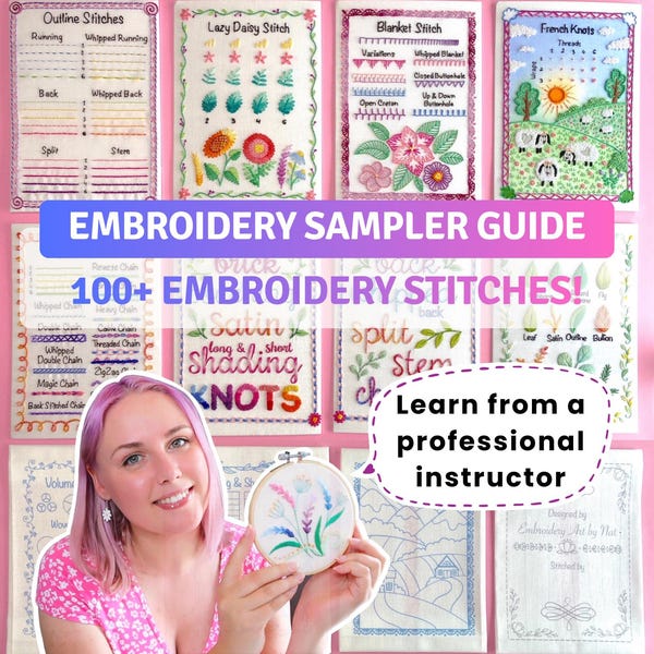 Hand Embroidery Sampler Guide Book: 100+ Stitches, 12 PDF Patterns + Complete Video Course for Beginners (Digital Download)