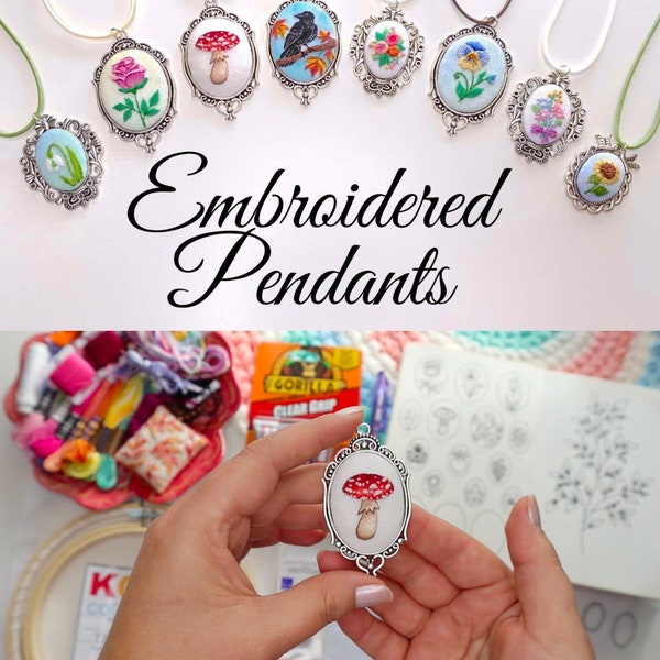 Make Your Own Embroidered Pendants PDF Pattern with 14 Different Designs + Detailed Video Tutorial, Embroidery Necklace, Embroidered Jewelry