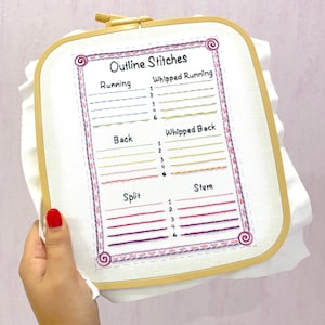 May include: A white embroidery hoop with a chart of different outline stitches. The chart includes running stitch, whipped running stitch, back stitch, whipped back stitch, split stitch, and stem stitch. Each stitch is shown in different colors and with numbers 1 through 6.