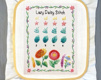 Lazy Daisy Stitch Sampler Page for Beginners, Hand Embroidery PDF Pattern + Video Tutorials | Embroidery Samplers Guide Book | Page 5