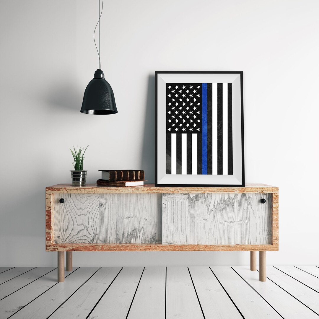 USA Black With Blue Line Flag Printable Black and White American Flag