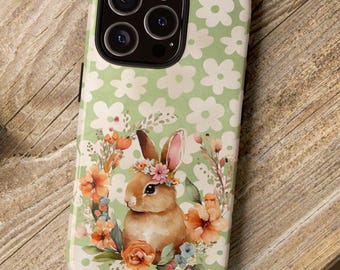 Floral Bunny Phone Case - Perfect Gift for Easter, iPhone 16 15 14 13 12 11 Pro max plus,Google pixel 9 8,Samsung Galaxy S25 S24