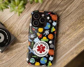 Type 1 Diabetic Tough Phone Case, Fun Space Design,iphone 16 pro max,iphone 16 plus,iphone 15,iphone 14, Insulin Dependence Support